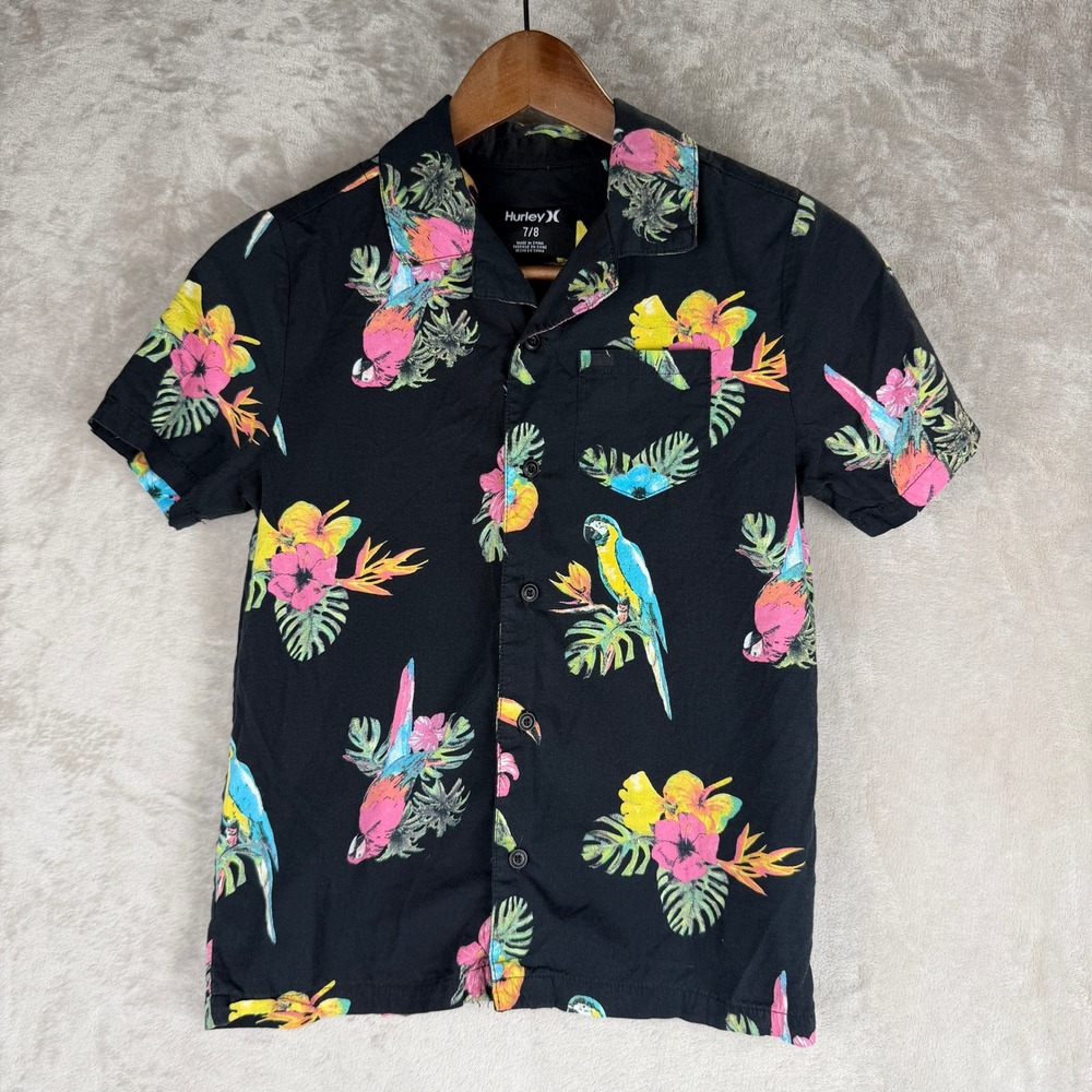 Hurley Boys Black Tropical Parrot Toucan Short Sleeve Button Down Shirt Size 7/8